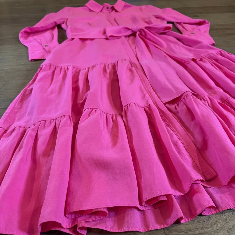 Kobi Halperin Pink Tencel Linen Tiered Midi Shirt Dress XL Hot Pink Long Slv - Picture 4 of 8